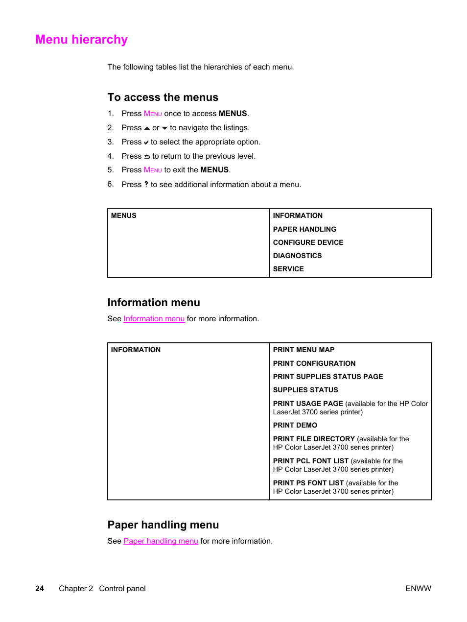 Menu hierarchy, To access the menus, Information menu | Paper handling menu | HP 3500 User Manual | Page 36 / 250