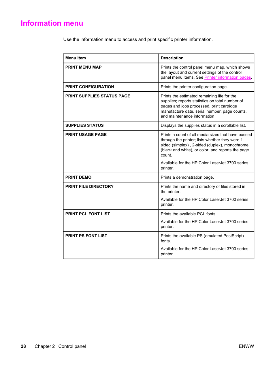 Information menu | HP 3500 User Manual | Page 40 / 250