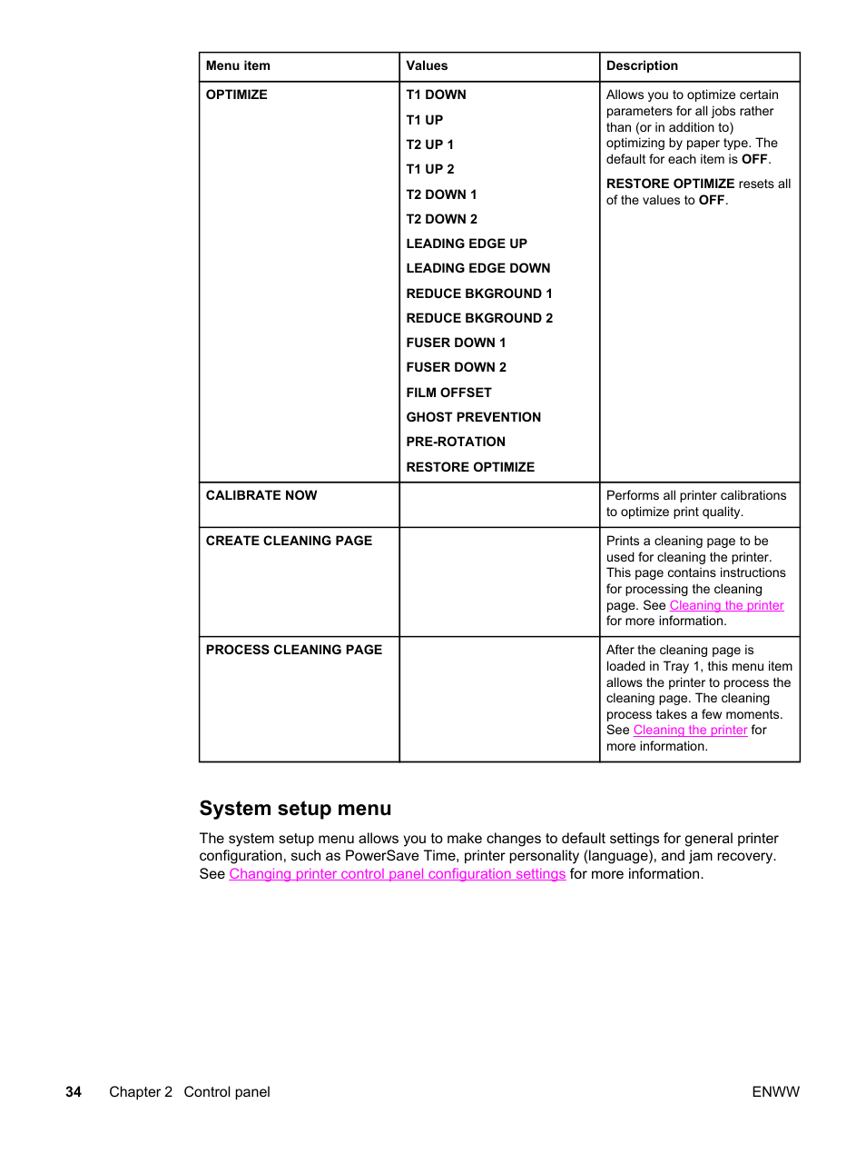 System setup menu | HP 3500 User Manual | Page 46 / 250