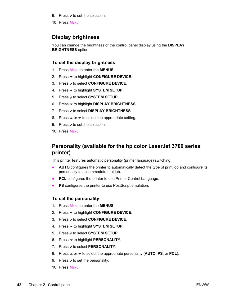 Display brightness, Personality (available for the, Hp color laserjet 3700 series printer) | HP 3500 User Manual | Page 54 / 250