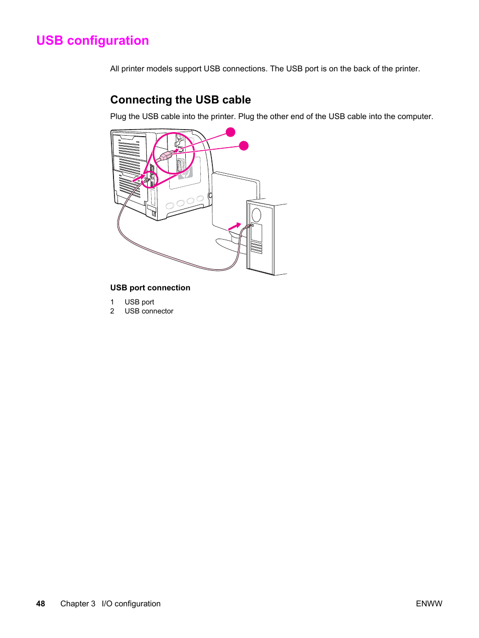 Usb configuration, Connecting the usb cable | HP 3500 User Manual | Page 60 / 250