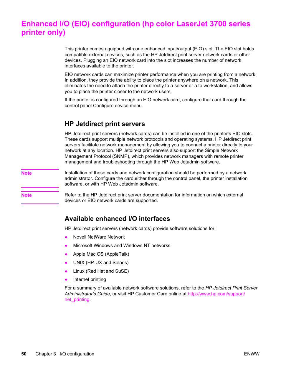 Hp jetdirect print servers, Available enhanced i/o interfaces, Enhanced i/o (eio) | HP 3500 User Manual | Page 62 / 250