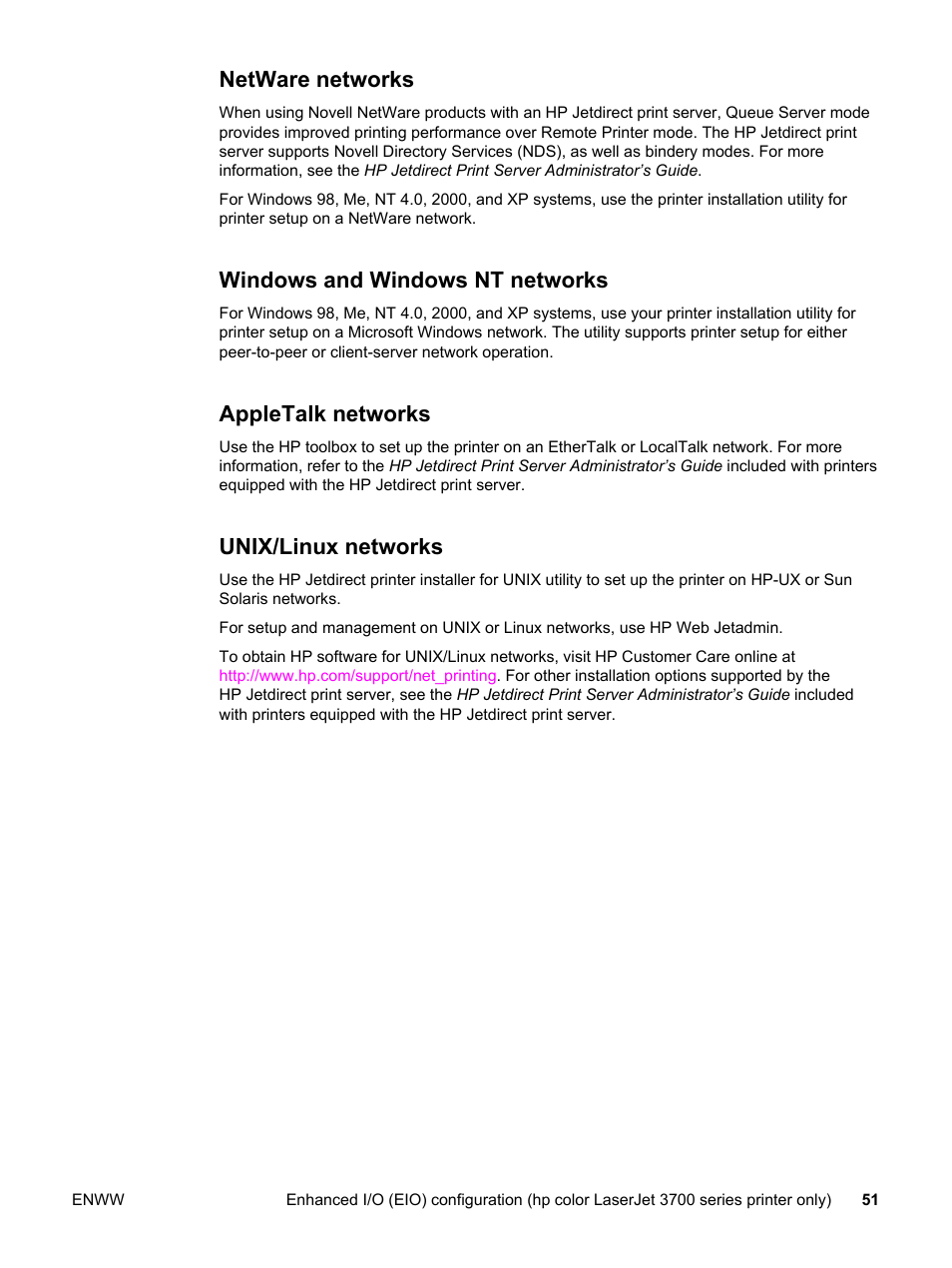 Netware networks, Windows and windows nt networks, Appletalk networks | Unix/linux networks | HP 3500 User Manual | Page 63 / 250