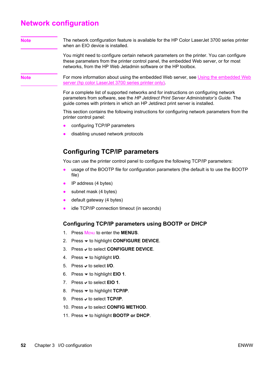 Network configuration, Configuring tcp/ip parameters | HP 3500 User Manual | Page 64 / 250