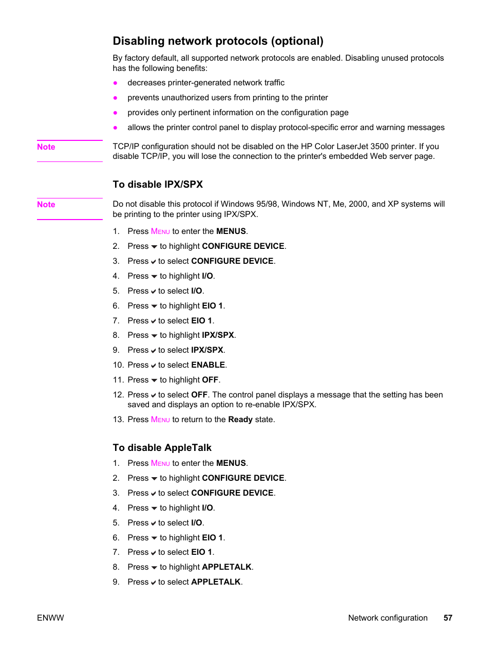 Disabling network protocols (optional) | HP 3500 User Manual | Page 69 / 250