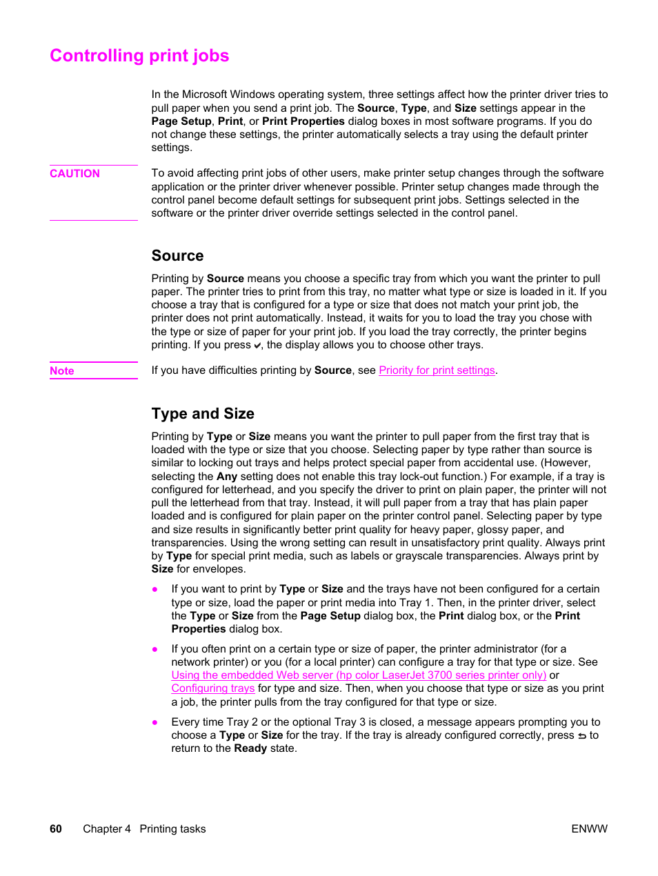 Controlling print jobs, Source, Type and size | Source type and size | HP 3500 User Manual | Page 72 / 250