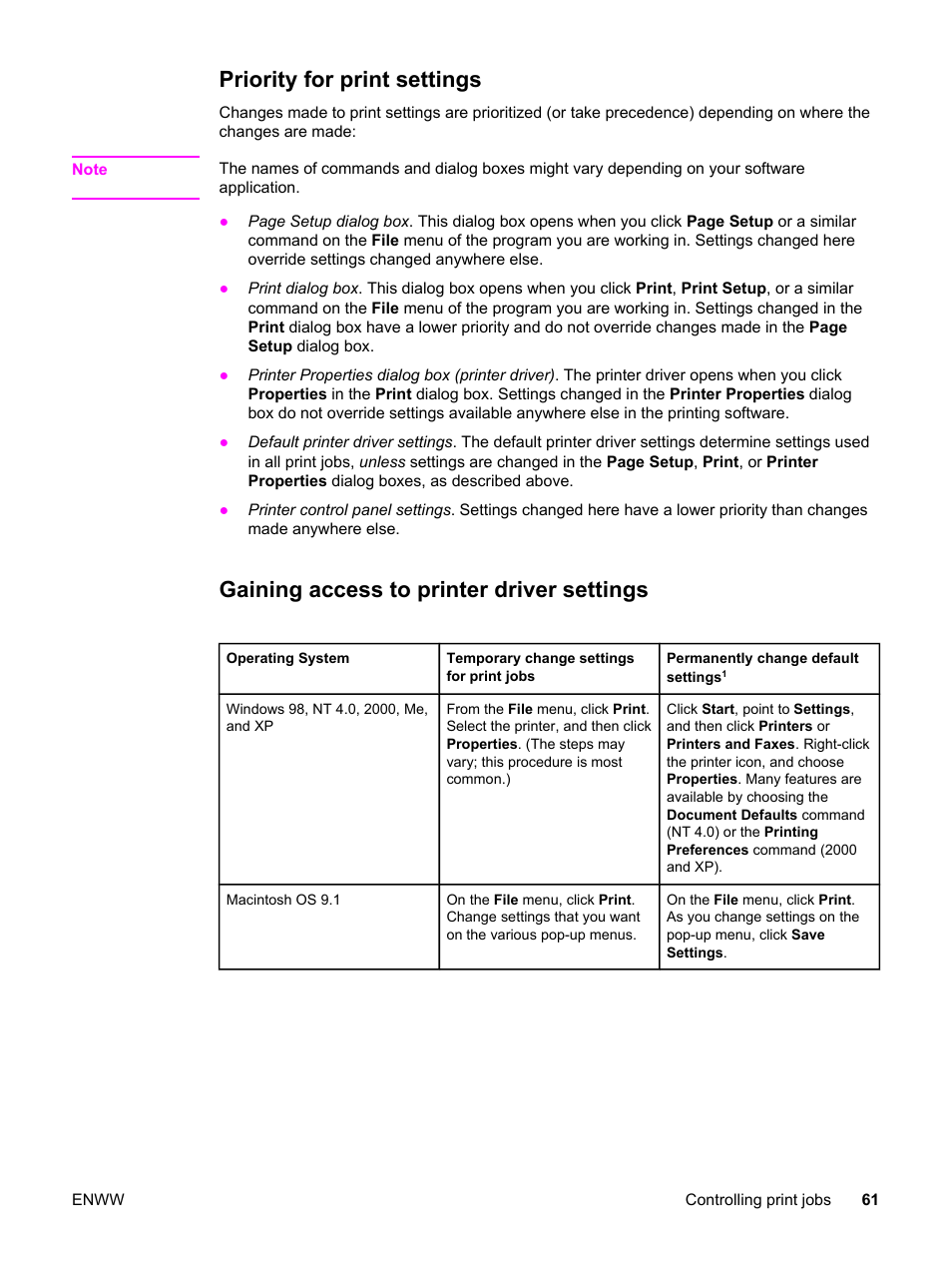 Priority for print settings, Gaining access to printer driver settings | HP 3500 User Manual | Page 73 / 250