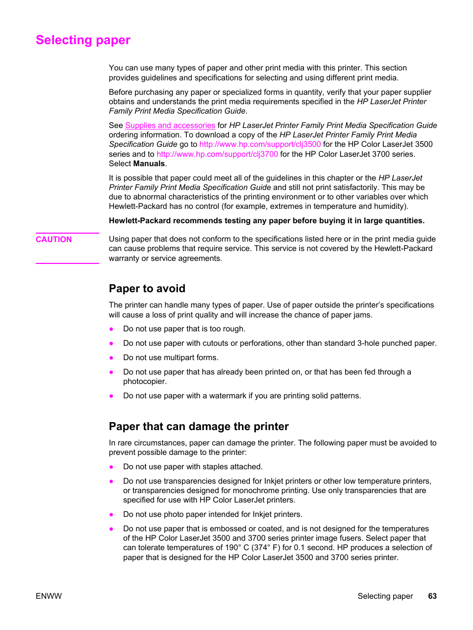 Selecting paper, Paper to avoid, Paper that can damage the printer | Paper to avoid paper that can damage the printer | HP 3500 User Manual | Page 75 / 250