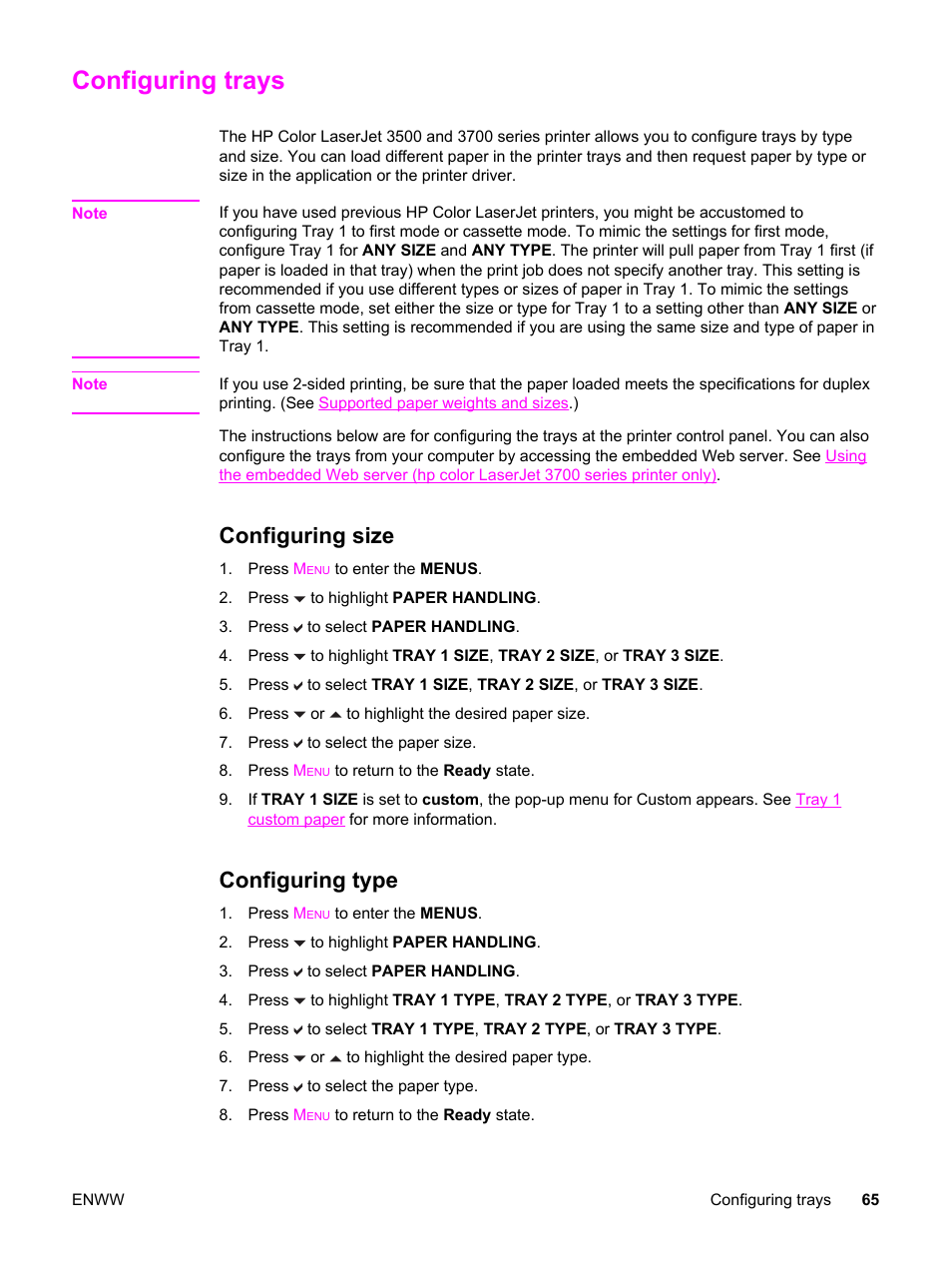 Configuring trays, Configuring size, Configuring type | Configuring size configuring type, For type | HP 3500 User Manual | Page 77 / 250