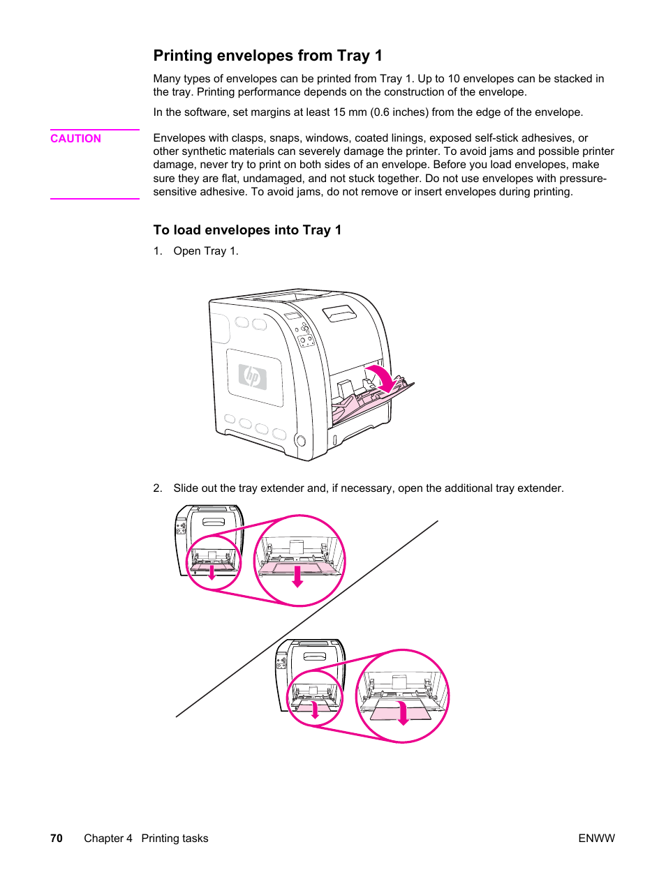 Printing envelopes from tray 1 | HP 3500 User Manual | Page 82 / 250