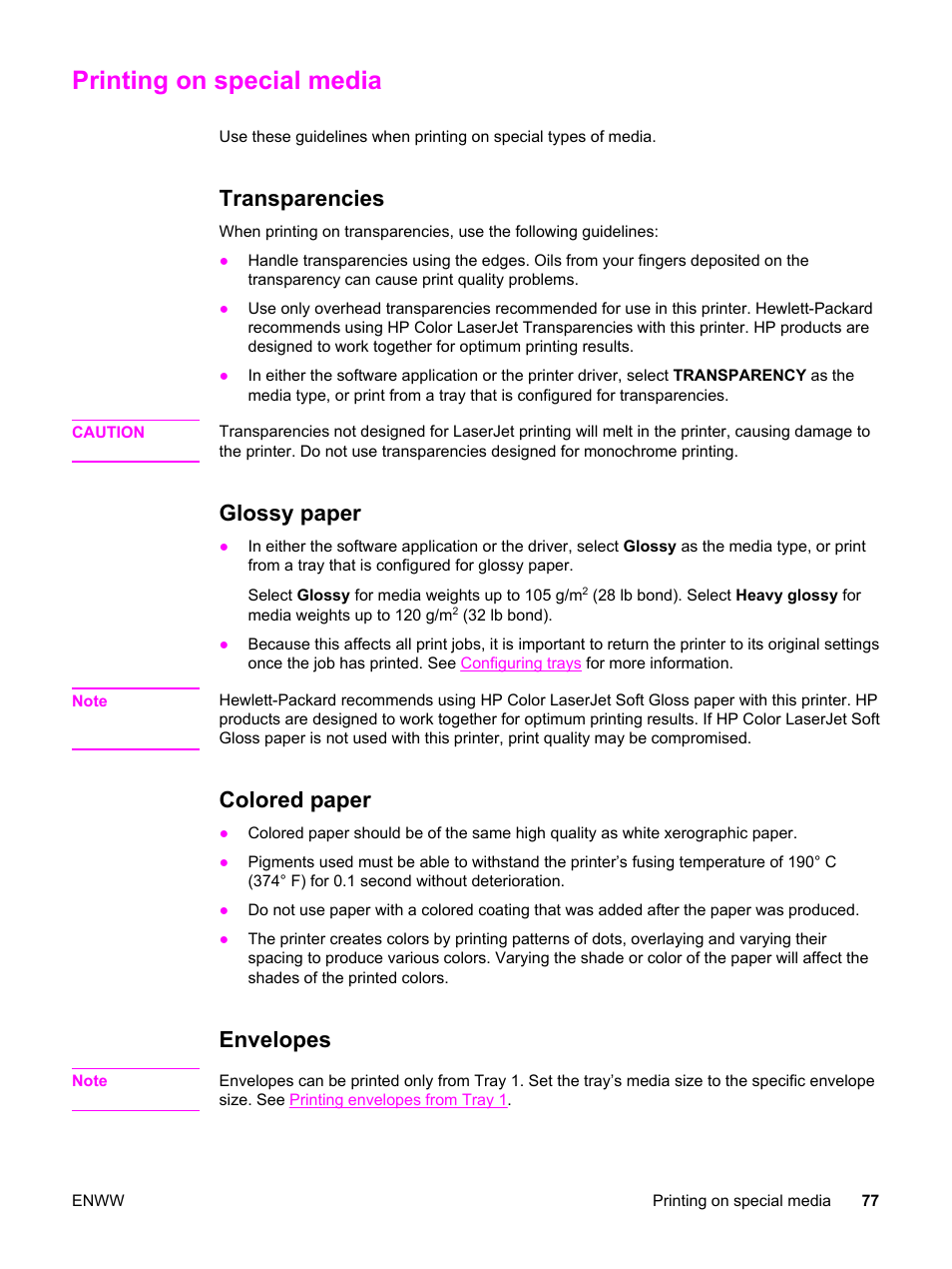 Printing on special media, Transparencies, Glossy paper | Colored paper, Envelopes | HP 3500 User Manual | Page 89 / 250