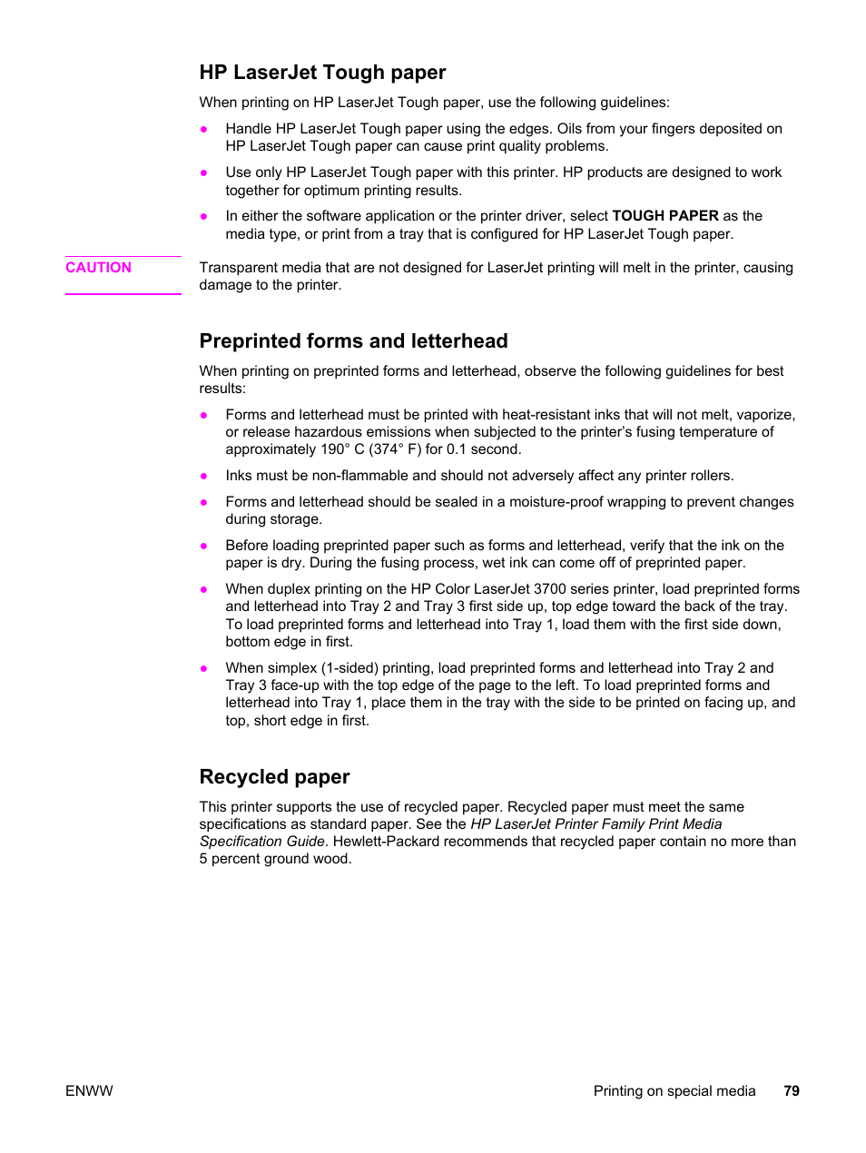 Hp laserjet tough paper, Preprinted forms and letterhead, Recycled paper | HP 3500 User Manual | Page 91 / 250