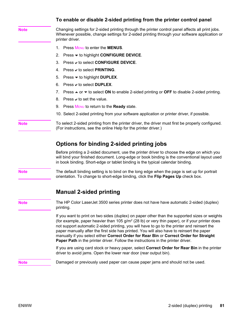 Options for binding 2-sided printing jobs, Manual 2-sided printing | HP 3500 User Manual | Page 93 / 250