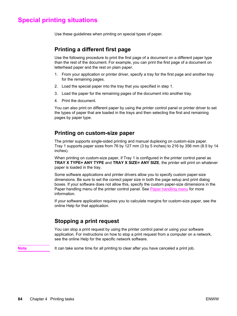 Special printing situations, Printing on custom-size paper, Stopping a print request | Printing a different first page | HP 3500 User Manual | Page 96 / 250