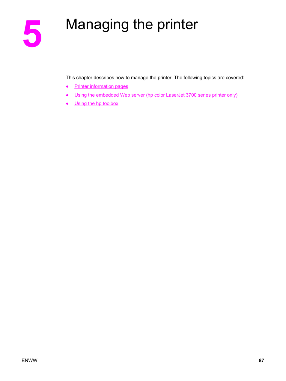 Managing the printer, 5 managing the printer | HP 3500 User Manual | Page 99 / 250