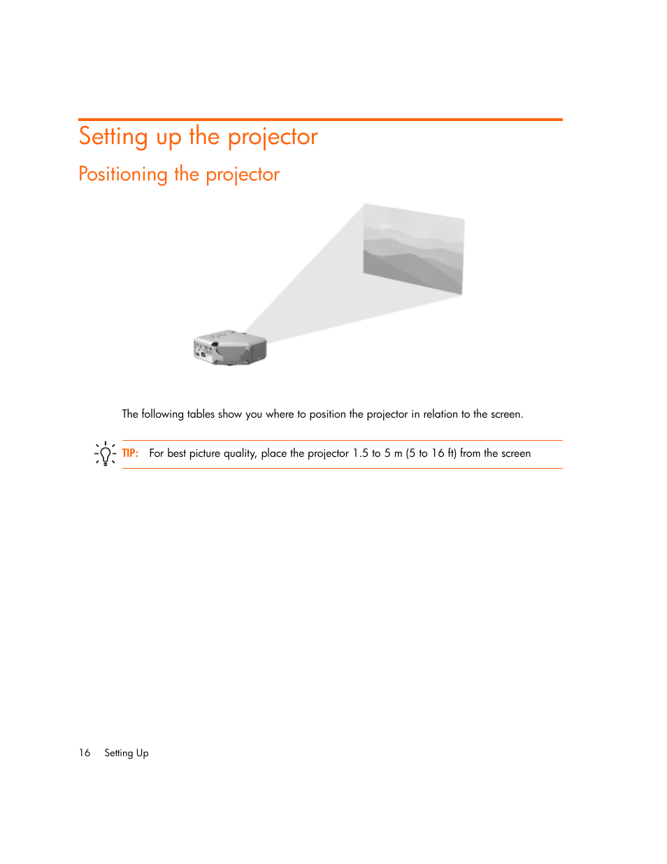 Setting up the projector, Positioning the projector | HP vp6300 User Manual | Page 16 / 75