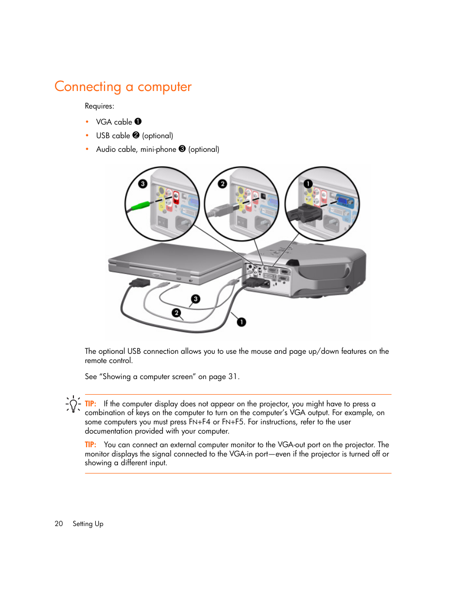 Connecting a computer | HP vp6300 User Manual | Page 20 / 75