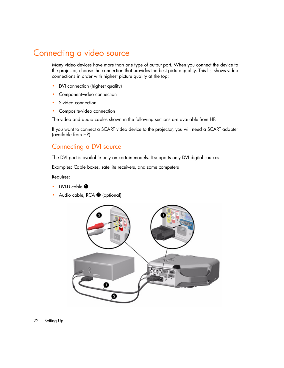 Connecting a video source, Connecting a dvi source | HP vp6300 User Manual | Page 22 / 75