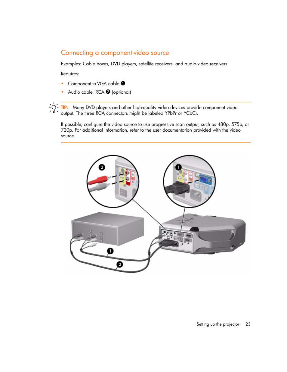 Connecting a component-video source | HP vp6300 User Manual | Page 23 / 75
