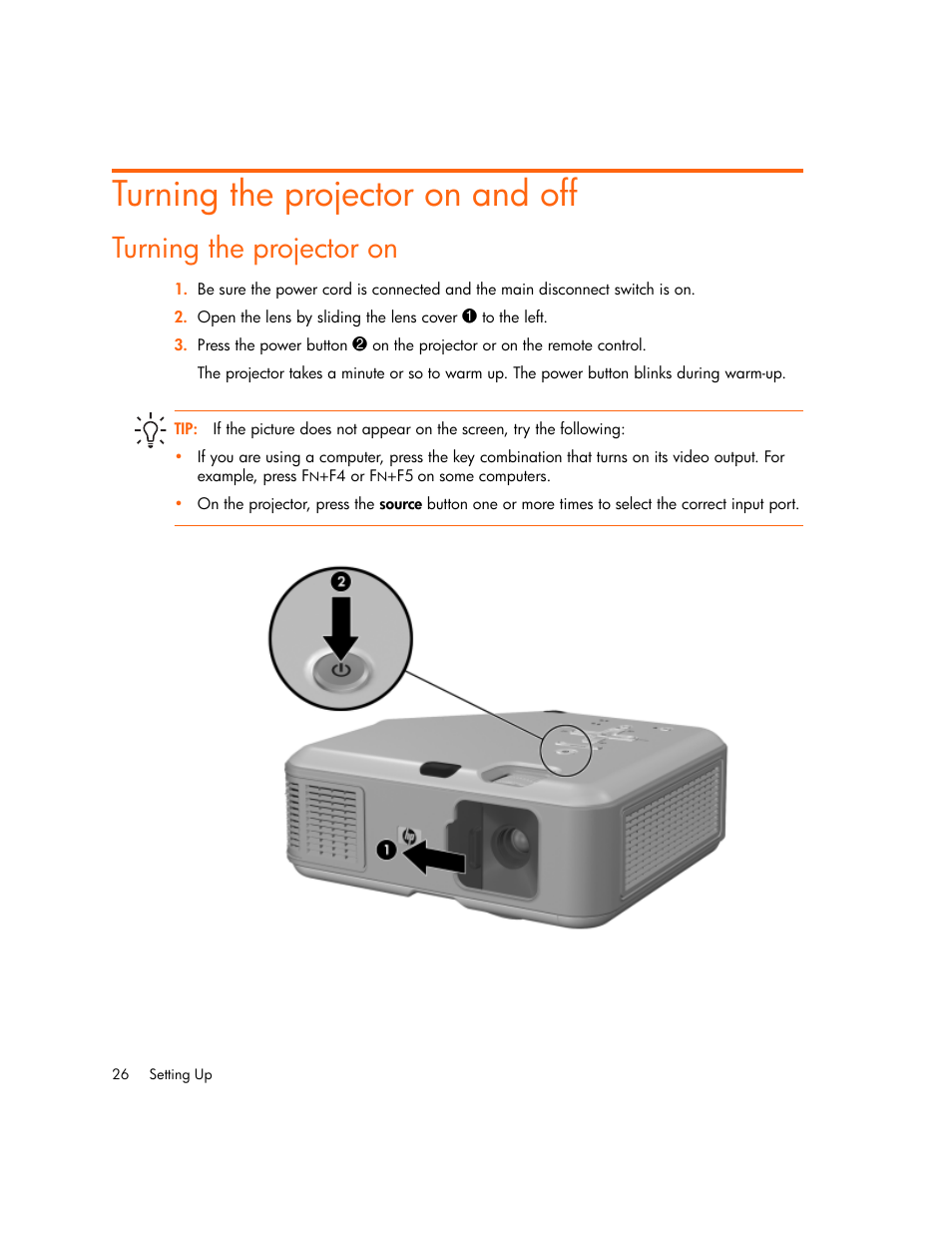 Turning the projector on and off, Turning the projector on | HP vp6300 User Manual | Page 26 / 75