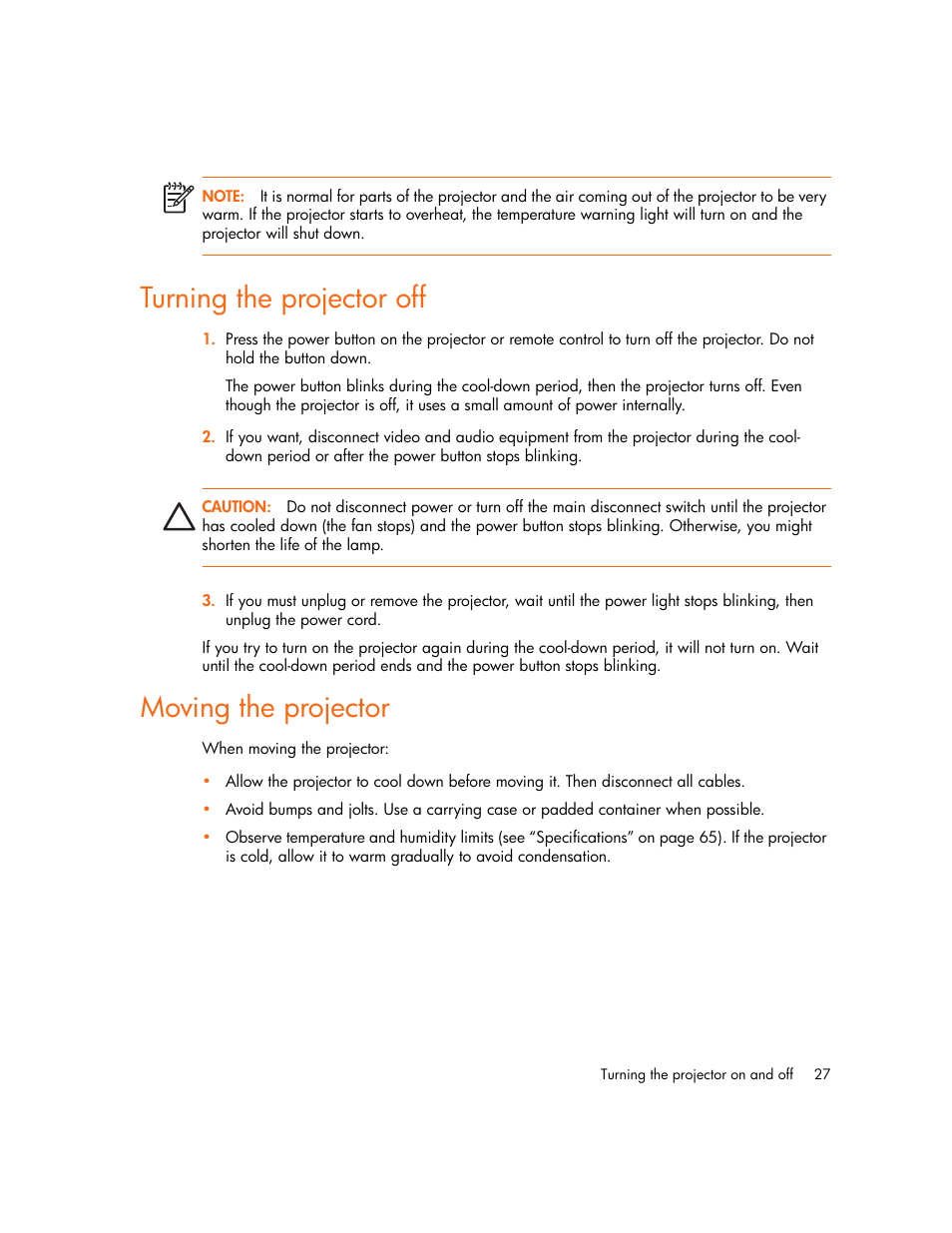Turning the projector off, Moving the projector | HP vp6300 User Manual | Page 27 / 75