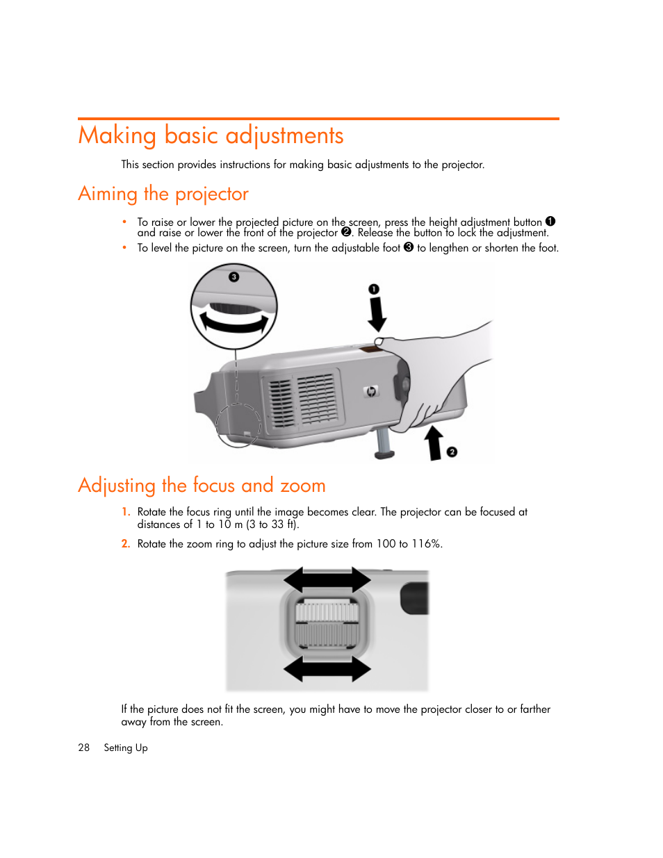 Making basic adjustments, Aiming the projector, Adjusting the focus and zoom | HP vp6300 User Manual | Page 28 / 75