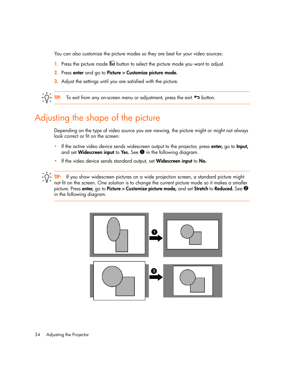 Adjusting the shape of the picture | HP vp6300 User Manual | Page 34 / 75