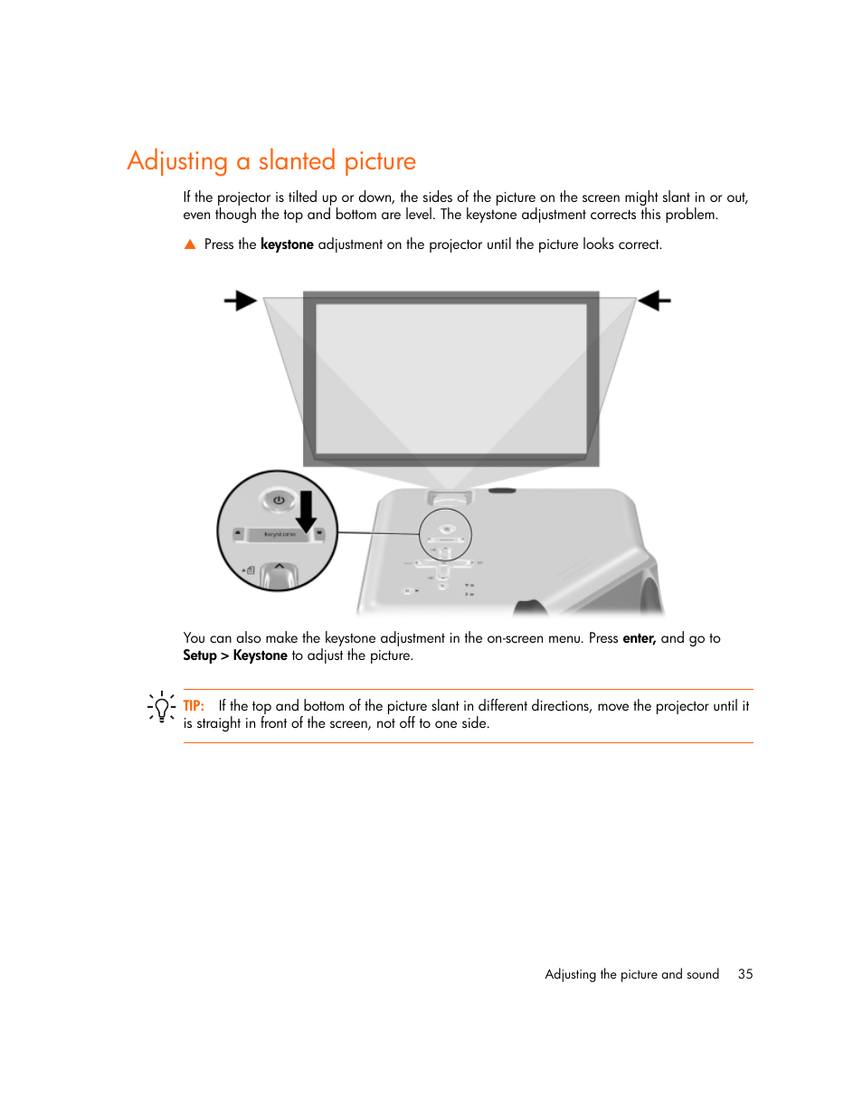 Adjusting a slanted picture | HP vp6300 User Manual | Page 35 / 75