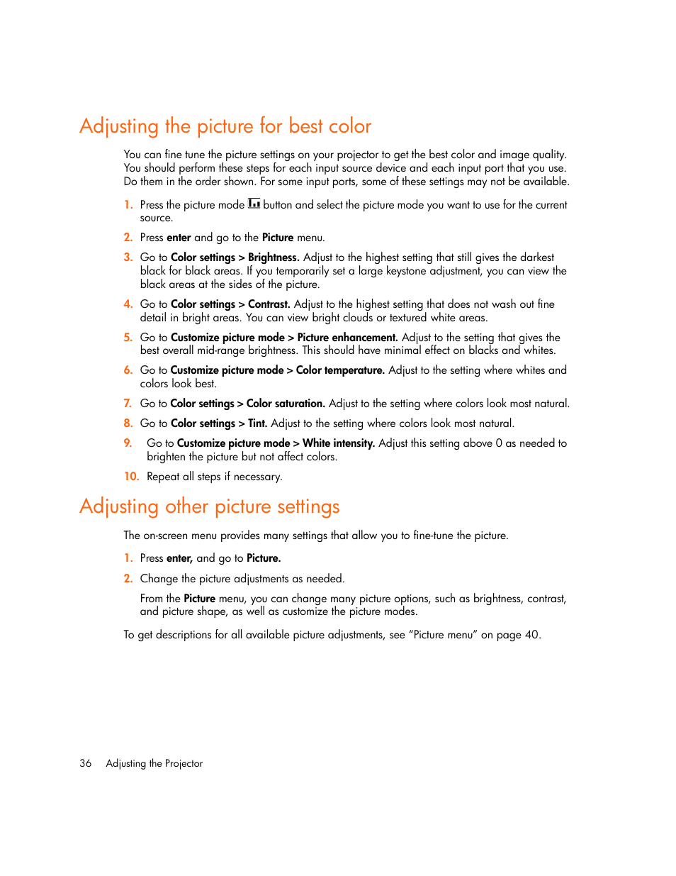 Adjusting the picture for best color, Adjusting other picture settings | HP vp6300 User Manual | Page 36 / 75