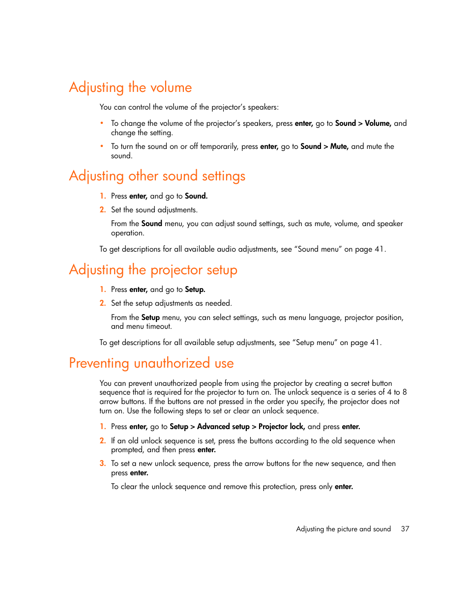 Adjusting the volume, Adjusting other sound settings, Adjusting the projector setup | Preventing unauthorized use | HP vp6300 User Manual | Page 37 / 75