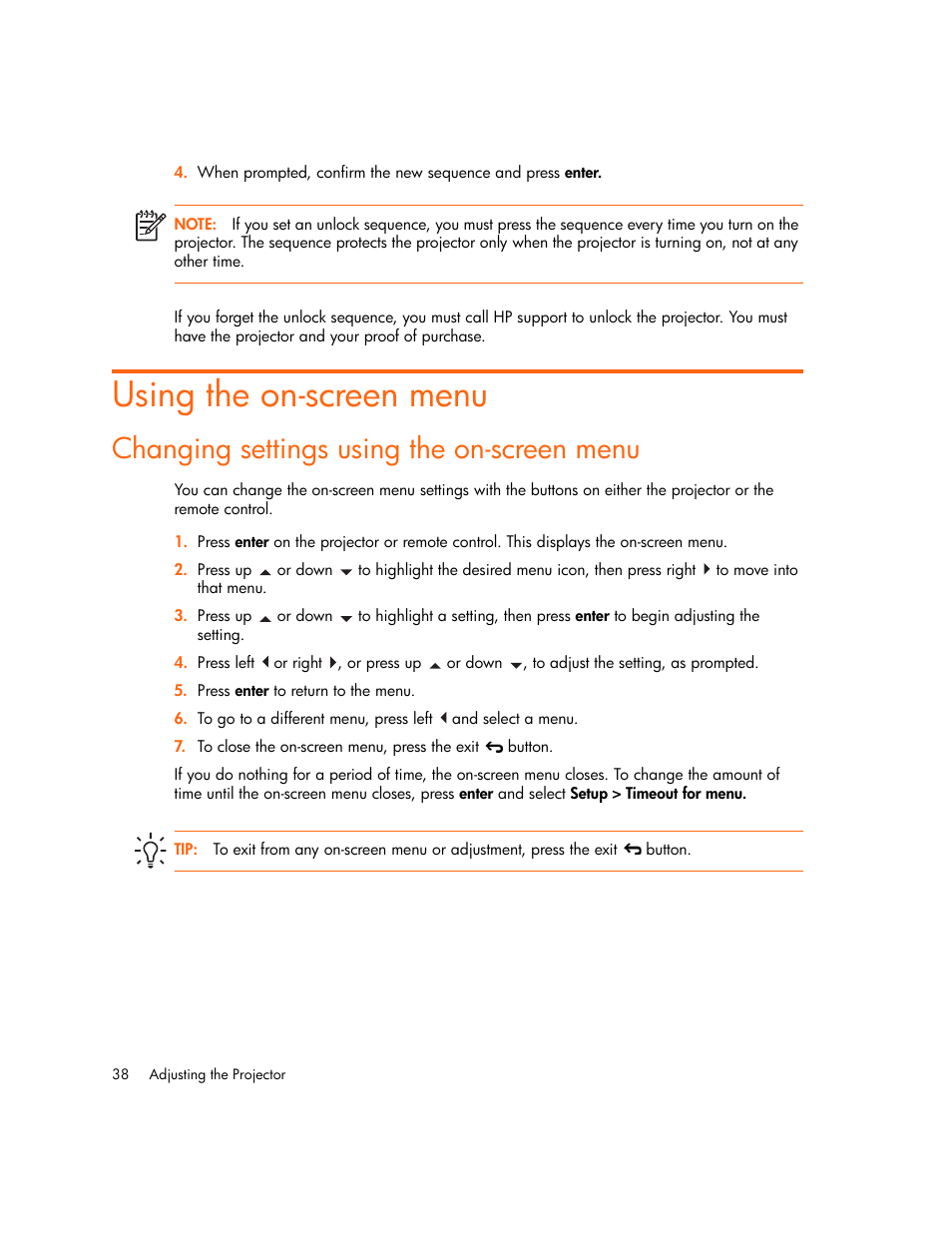 Using the on-screen menu, Changing settings using the on-screen menu | HP vp6300 User Manual | Page 38 / 75