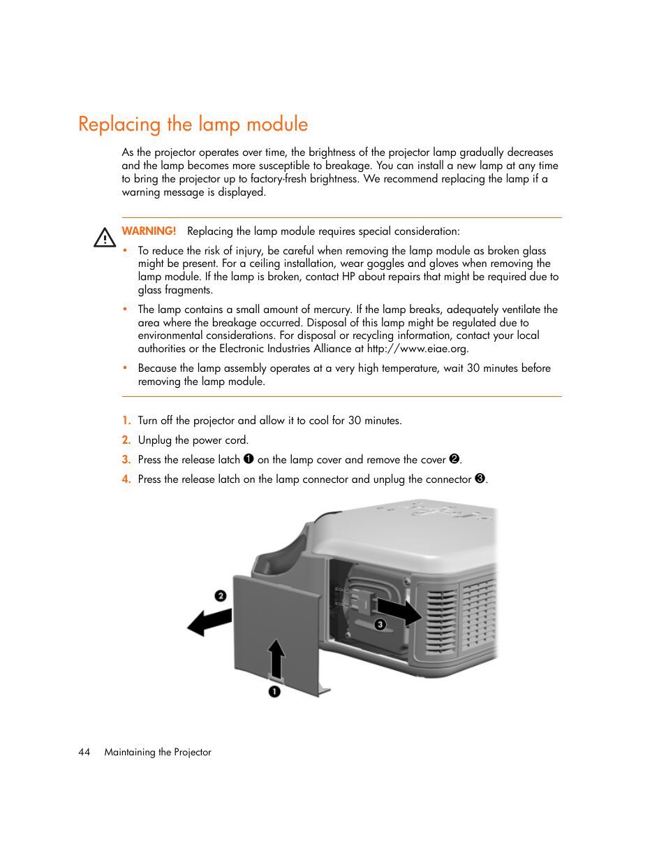 Replacing the lamp module | HP vp6300 User Manual | Page 44 / 75