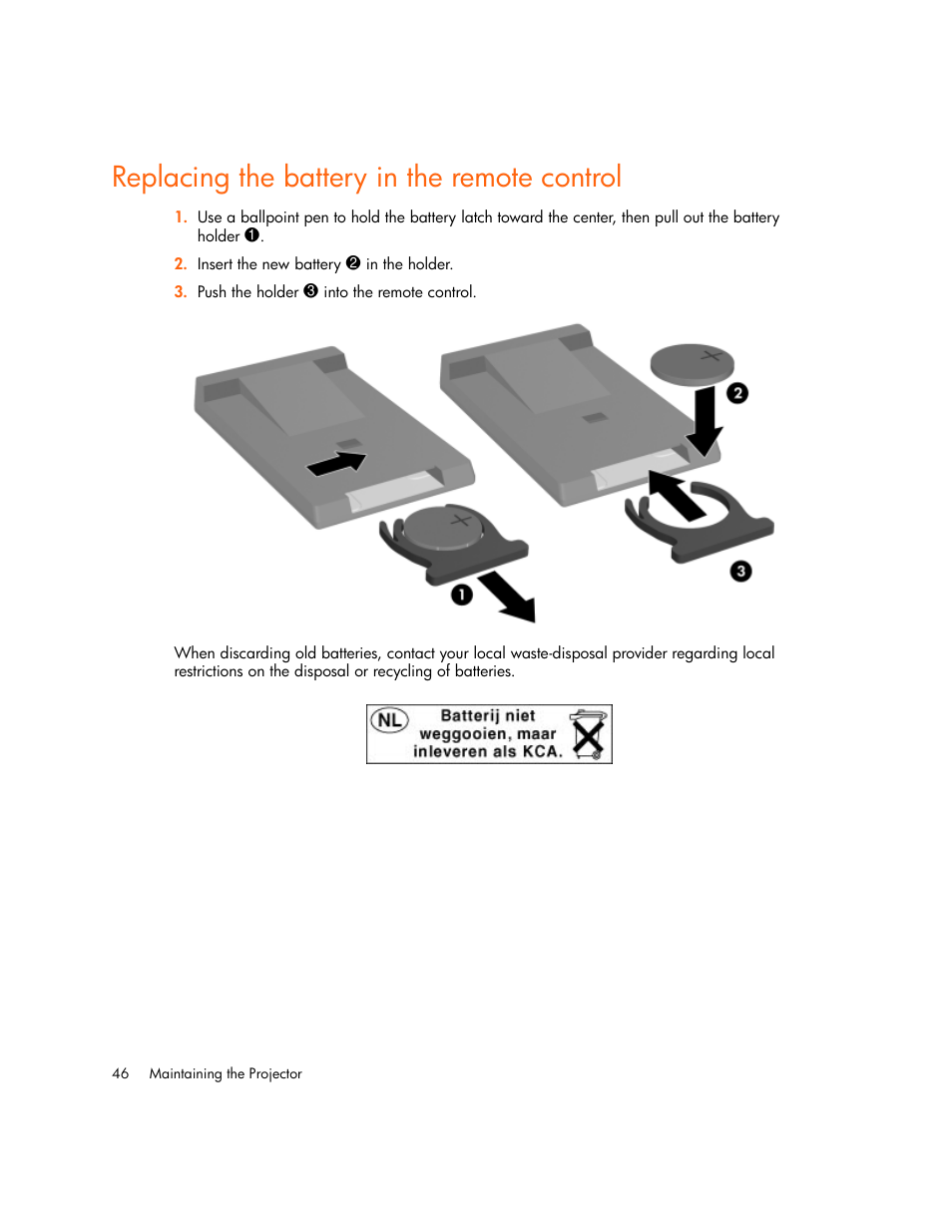 Replacing the battery in the remote control | HP vp6300 User Manual | Page 46 / 75