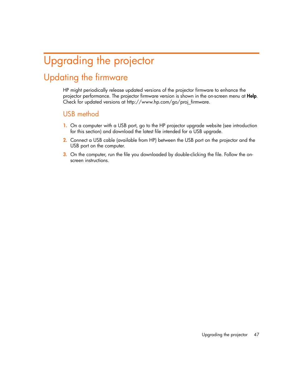 Upgrading the projector, Updating the firmware, Usb method | HP vp6300 User Manual | Page 47 / 75