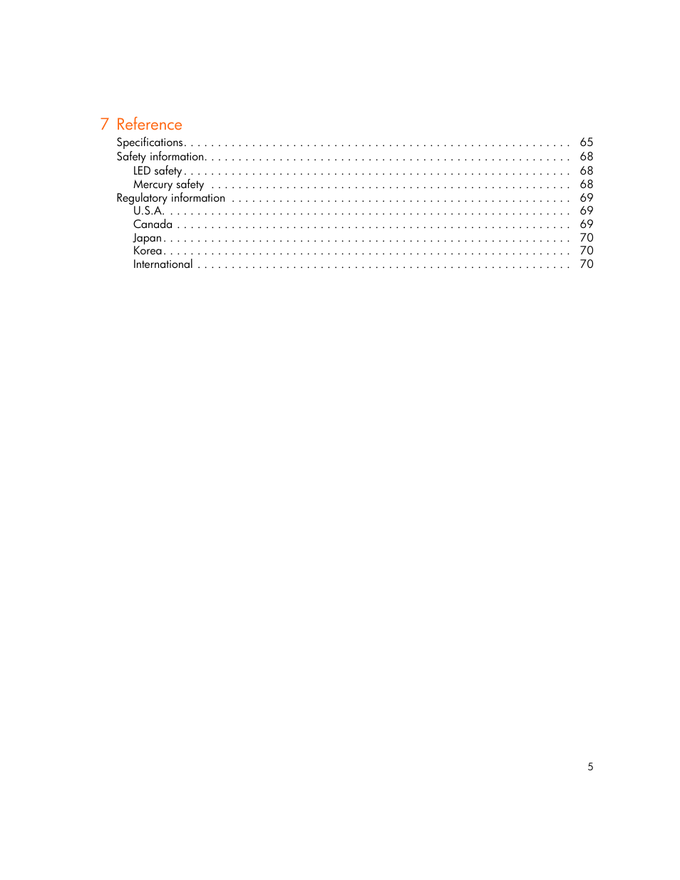 Specifications 65, Safety information 68, Regulatory information 69 | 7 reference | HP vp6300 User Manual | Page 5 / 75