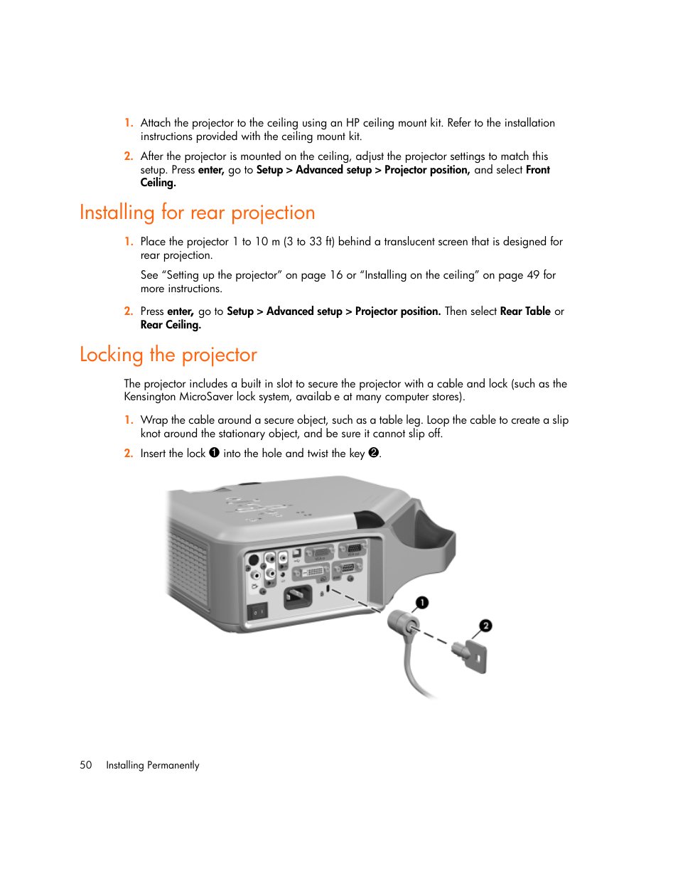 Installing for rear projection, Locking the projector | HP vp6300 User Manual | Page 50 / 75