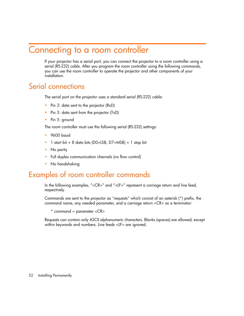 Connecting to a room controller, Serial connections, Examples of room controller commands | HP vp6300 User Manual | Page 52 / 75