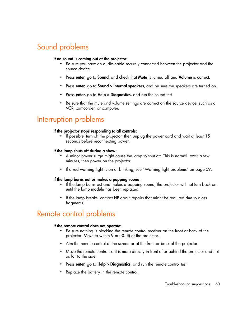 Sound problems, If no sound is coming out of the projector, Interruption problems | If the projector stops responding to all controls, If the lamp shuts off during a show, If the lamp burns out or makes a popping sound, Remote control problems, If the remote control does not operate | HP vp6300 User Manual | Page 63 / 75