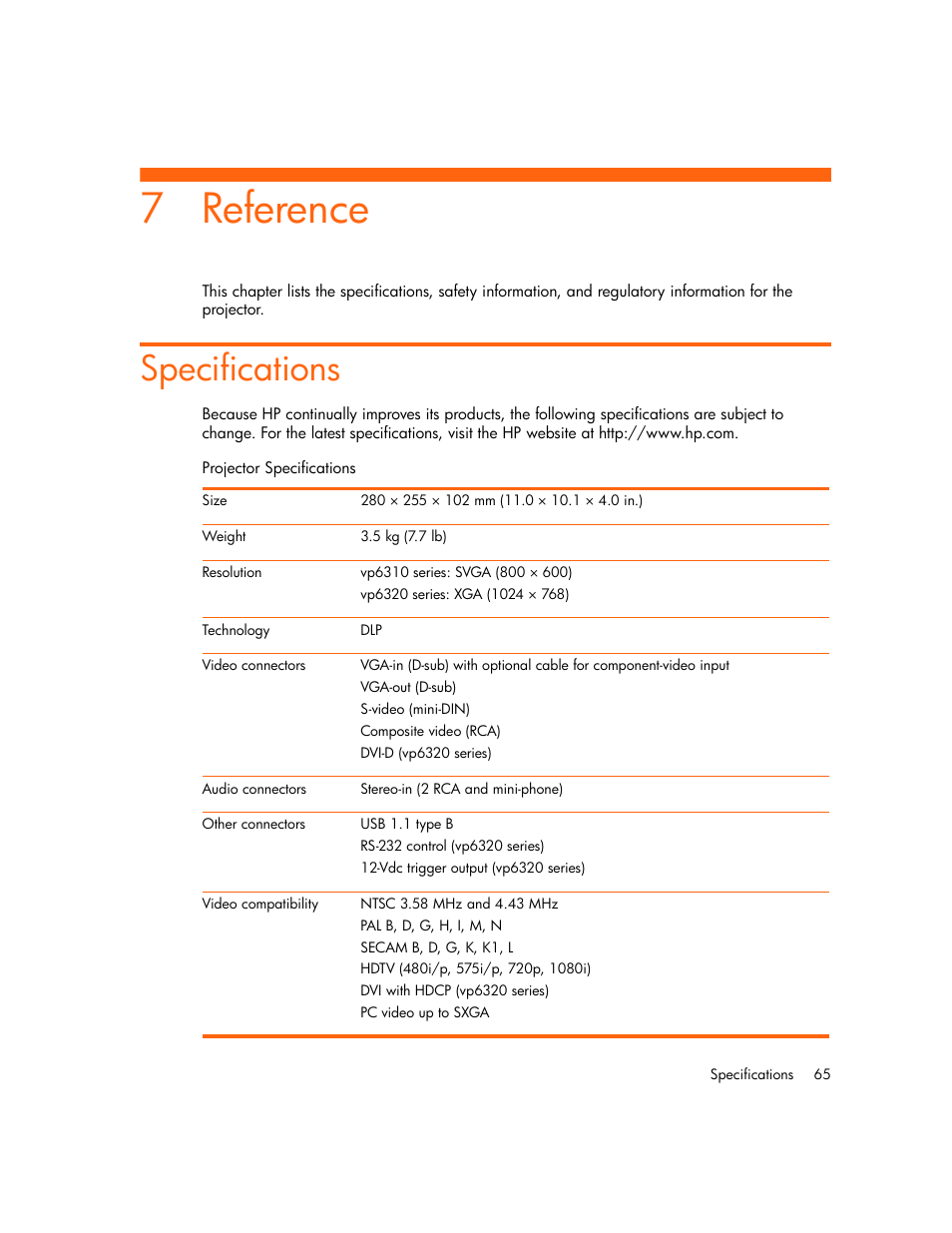 Reference, Specifications, 7 reference | HP vp6300 User Manual | Page 65 / 75