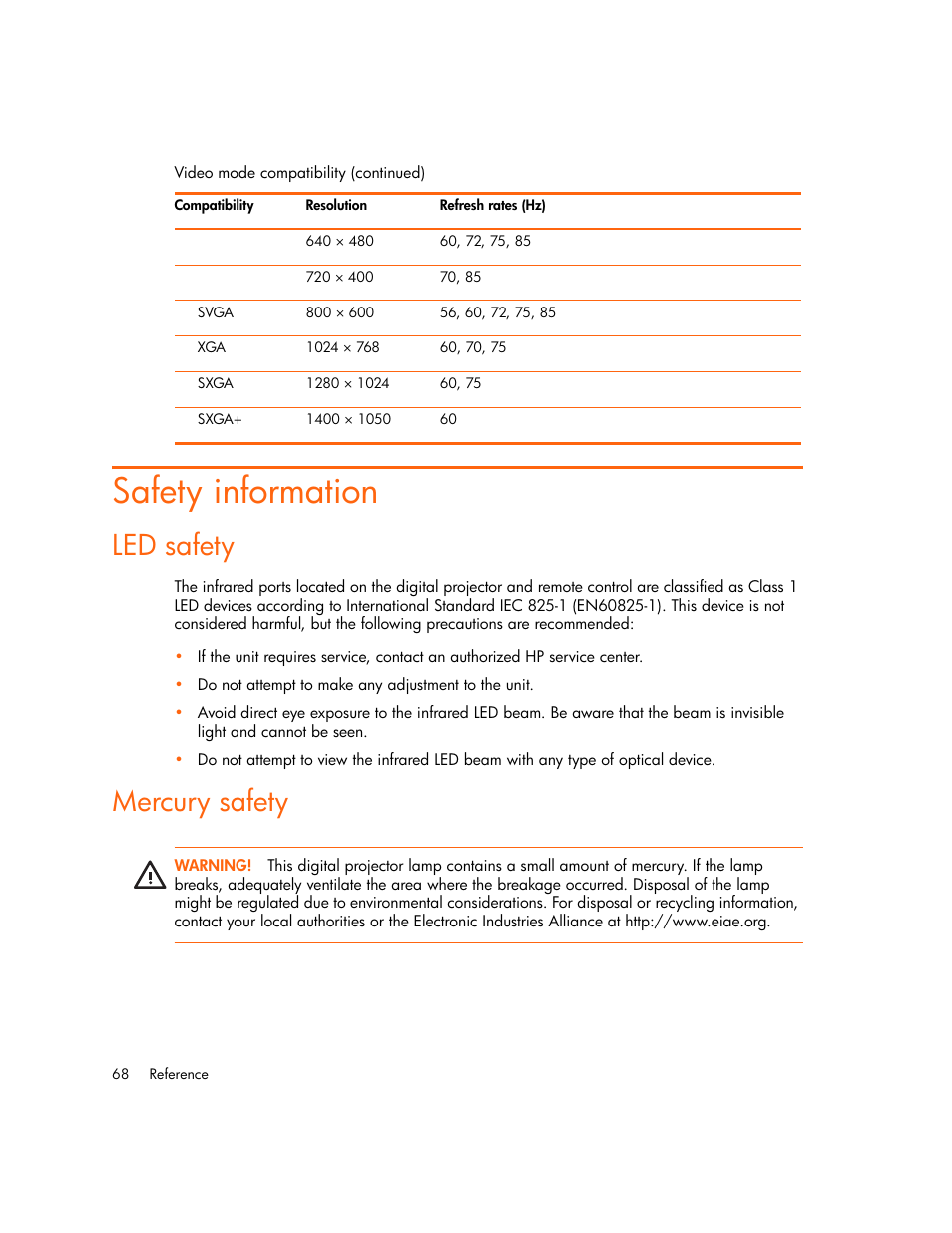 Safety information, Led safety, Mercury safety | Led safety mercury safety | HP vp6300 User Manual | Page 68 / 75