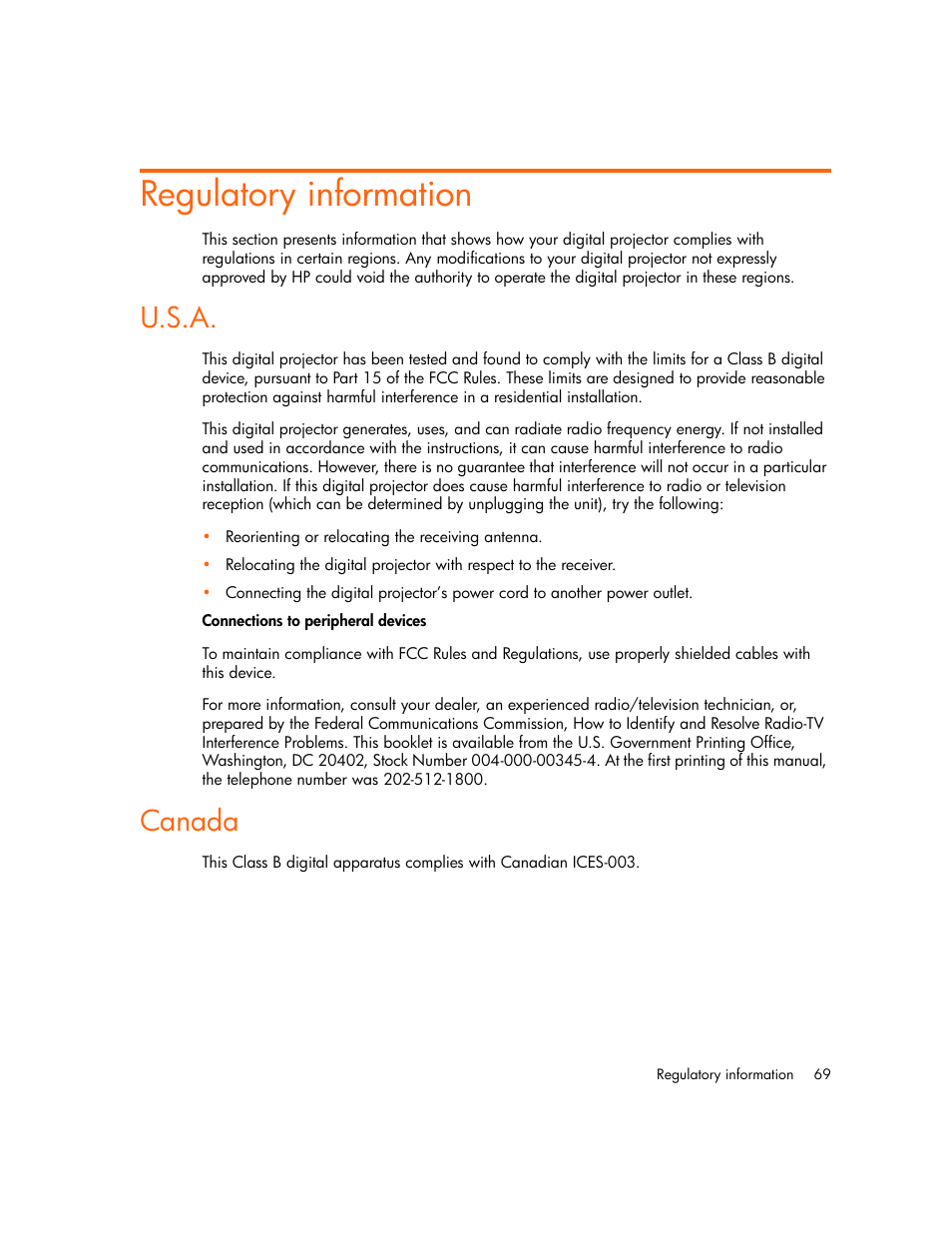 Regulatory information, U.s.a, Canada | U.s.a canada | HP vp6300 User Manual | Page 69 / 75