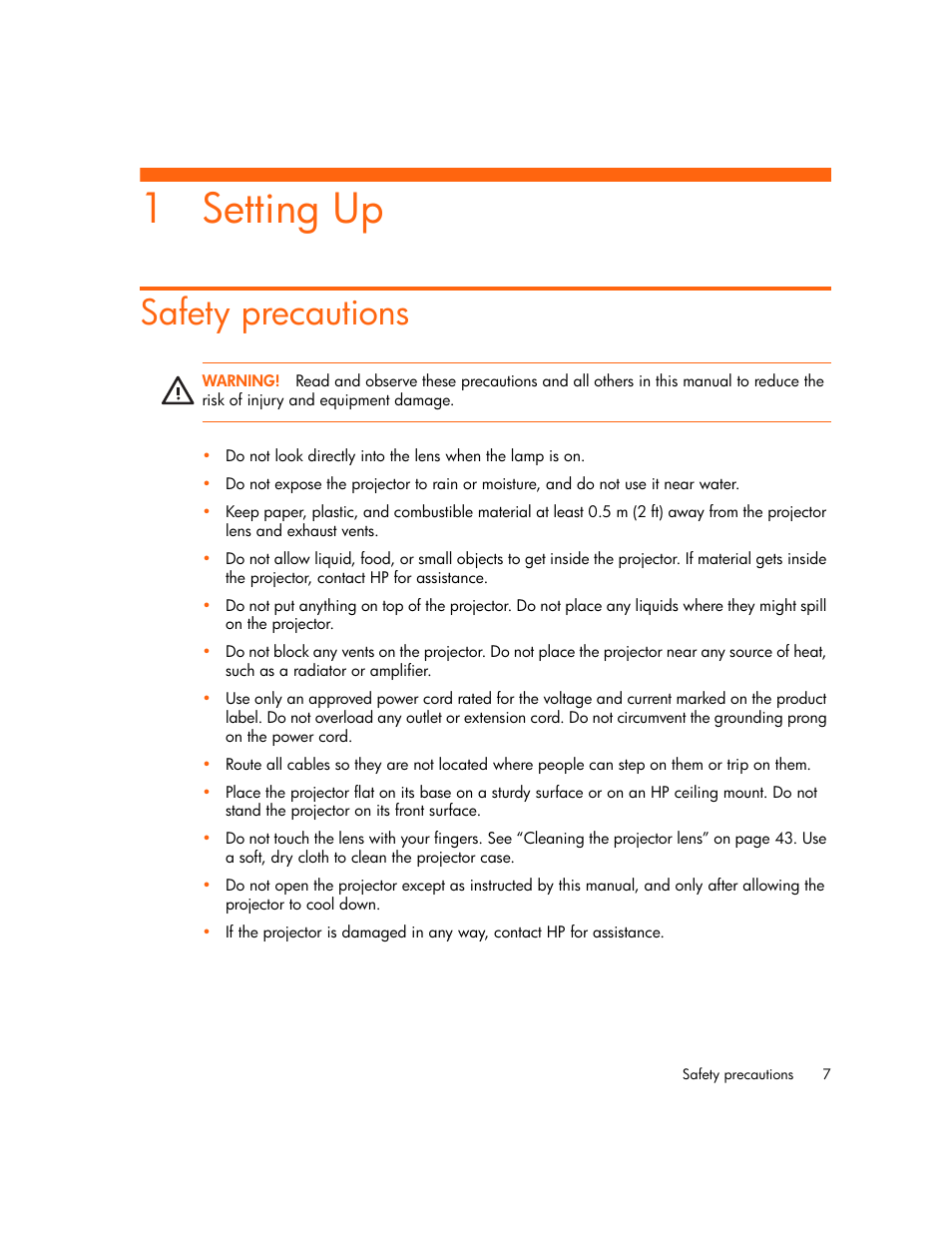 Setting up, Safety precautions, 1 setting up | HP vp6300 User Manual | Page 7 / 75