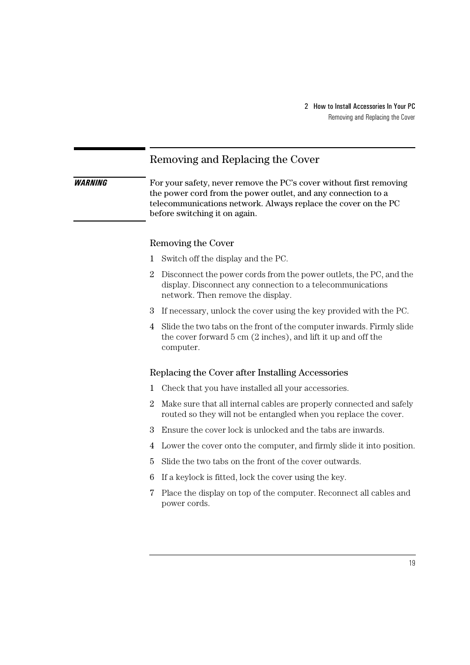 Removing and replacing the cover | HP Vectra VL 5/xxx User Manual | Page 31 / 110
