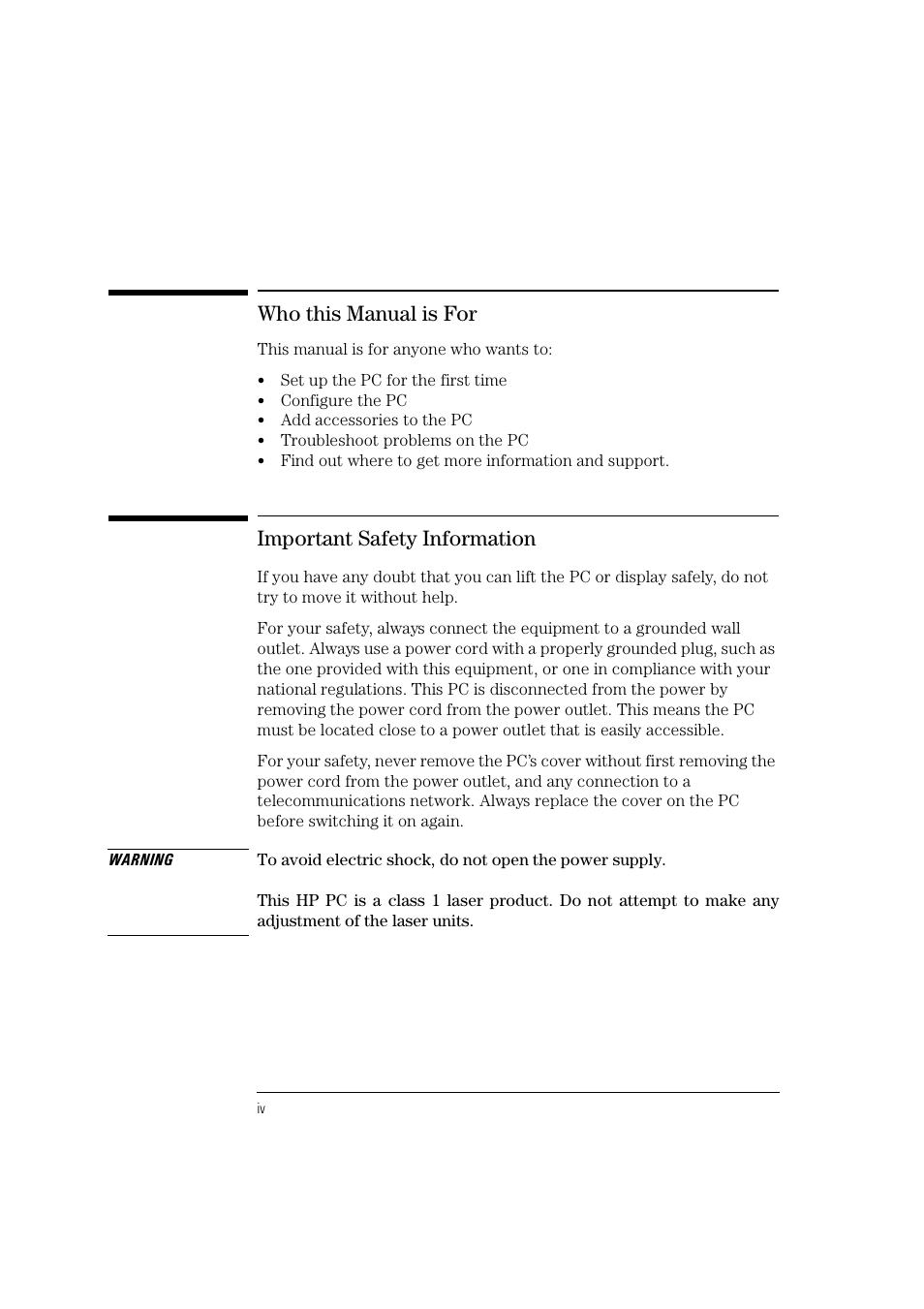 Who this manual is for, Important safety information | HP Vectra VL 5/xxx User Manual | Page 4 / 110