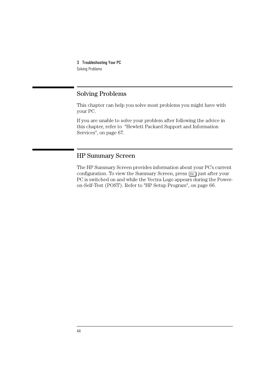 Solving problems, Hp summary screen | HP Vectra VL 5/xxx User Manual | Page 56 / 110