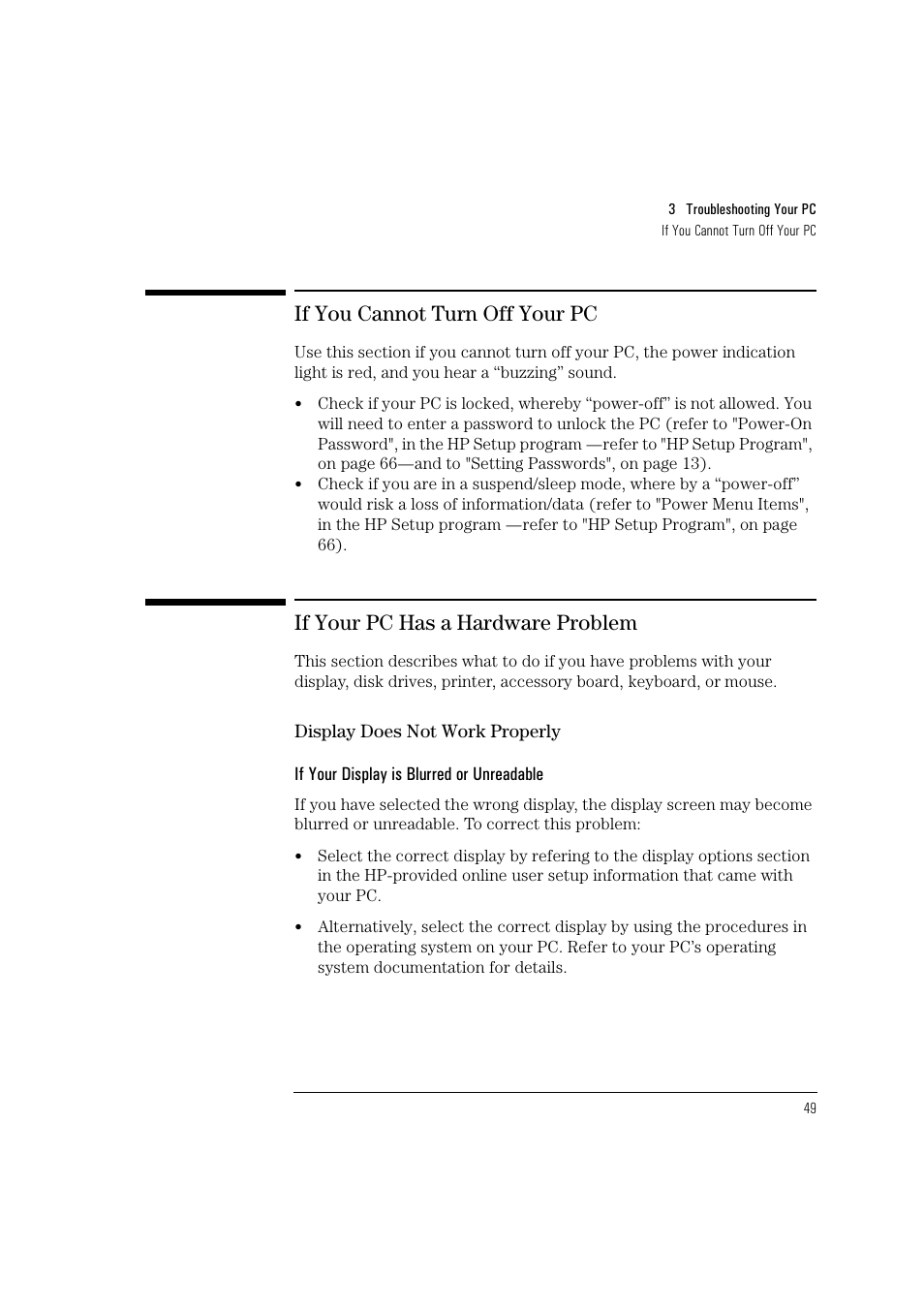 If you cannot turn off your pc, If your pc has a hardware problem | HP Vectra VL 5/xxx User Manual | Page 61 / 110