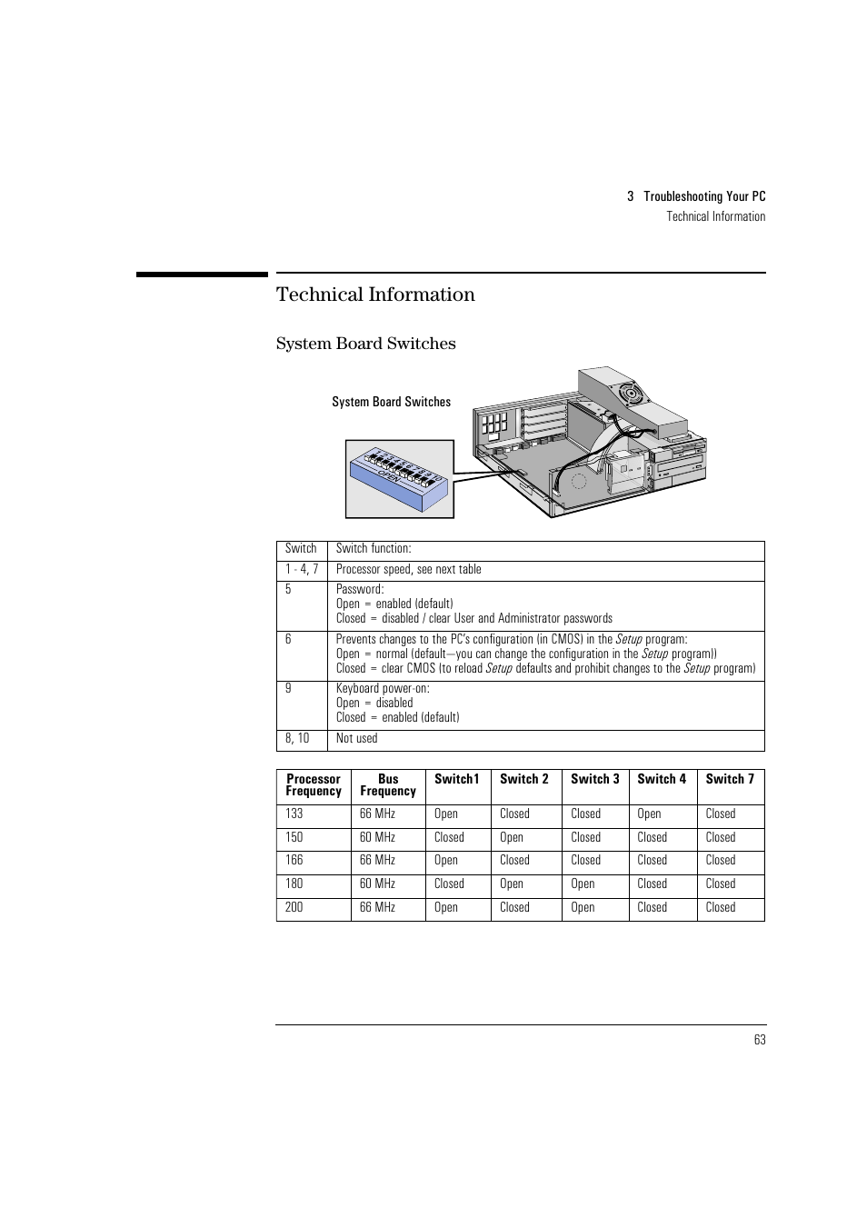 Technical information, System board switches | HP Vectra VL 5/xxx User Manual | Page 75 / 110