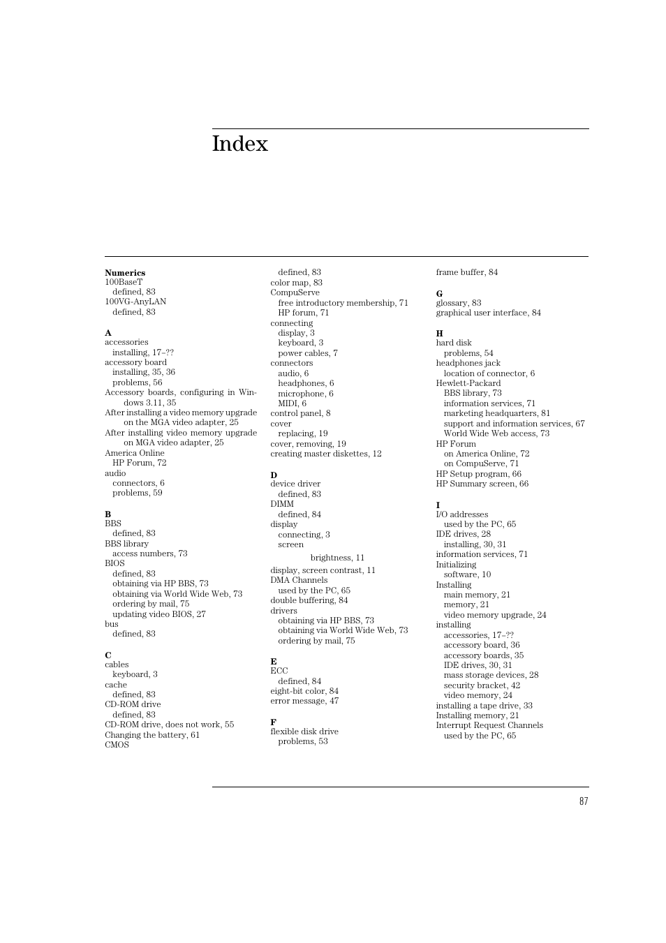 Index | HP Vectra VL 5/xxx User Manual | Page 99 / 110