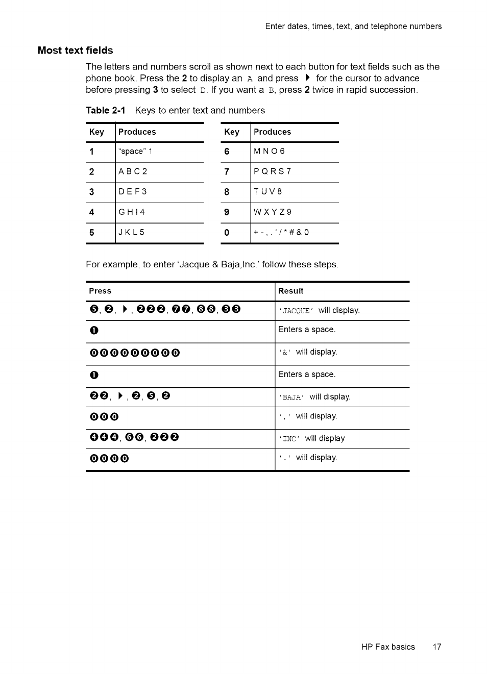 Enter dates, times, text, and telephone numbers | HP 2140 User Manual | Page 20 / 70