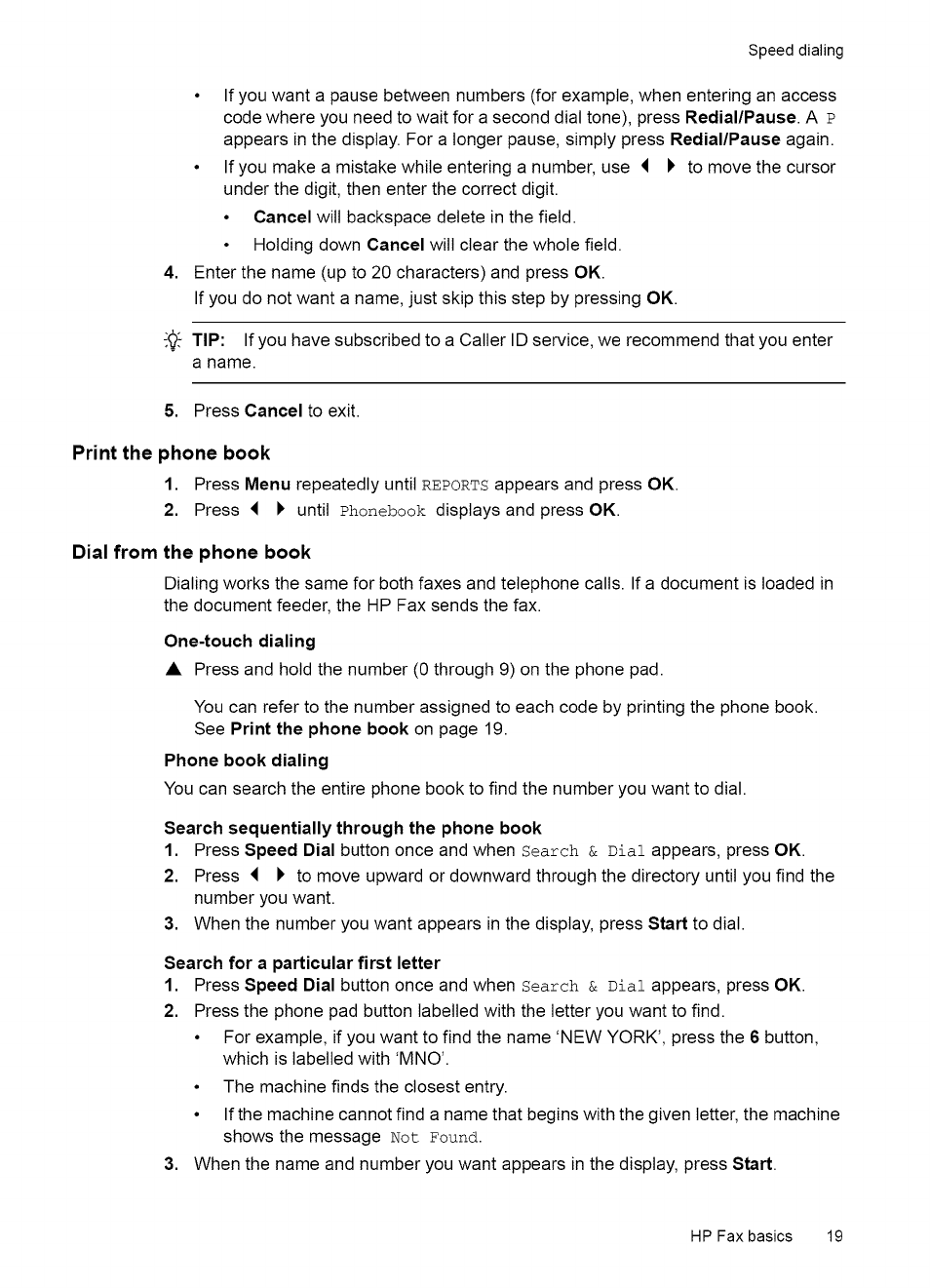 Fax header telephone number, Speed dialing, Store a number in the phone book | HP 2140 User Manual | Page 22 / 70